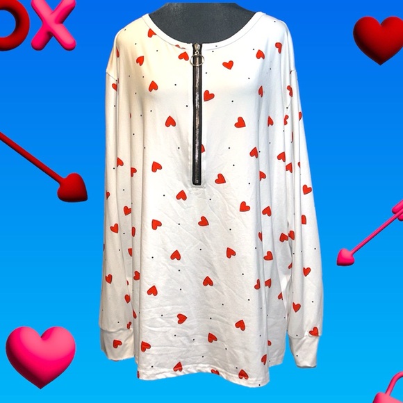 Relaxed fit floating hearts pull over casual shirt with zip up at neckline - Picture 1 of 4